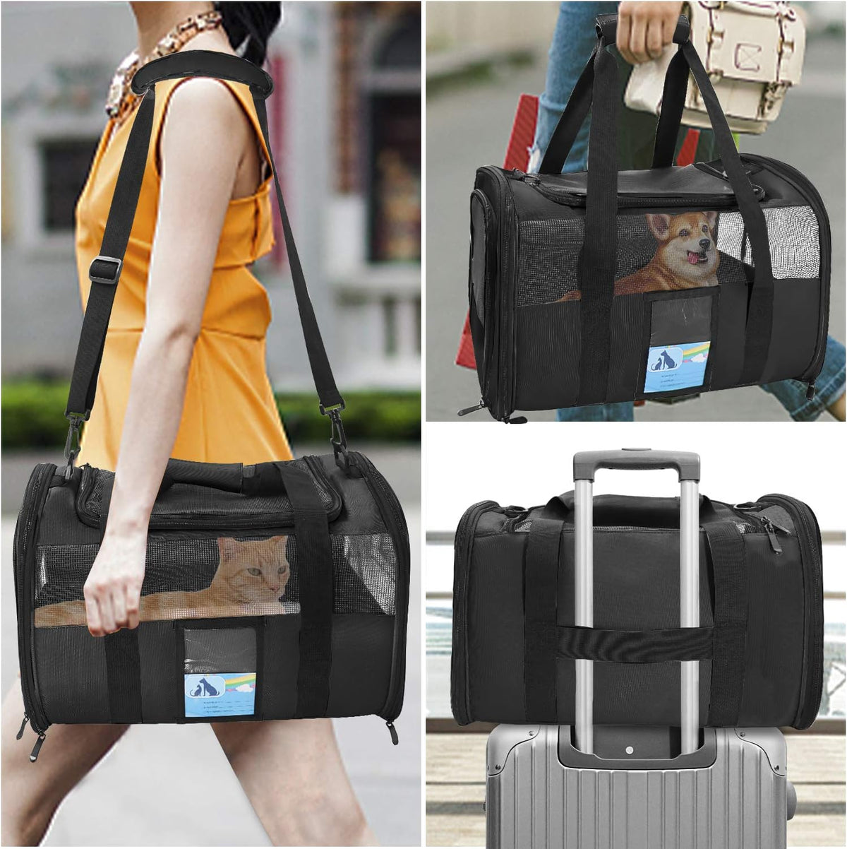 Airline Approved Pet Carrier - Soft Sided Cat and Dog Carrier for Travel, Comfortable and Durable Design, Perfect for Medium Cats and Small Dogs up to 15 lbs - Stylish Black