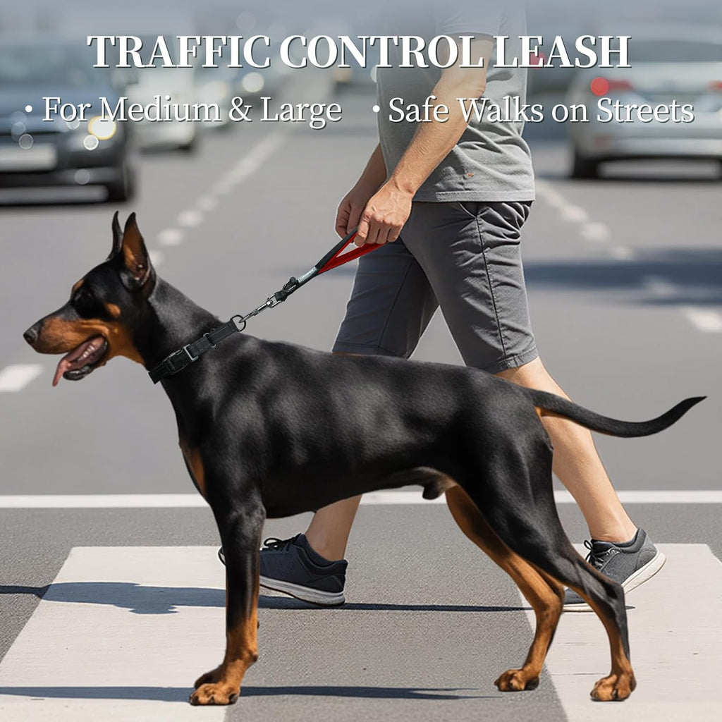 Premium 12" Short Dog Traffic Leash - Black & Red for Maximum Control and Comfort