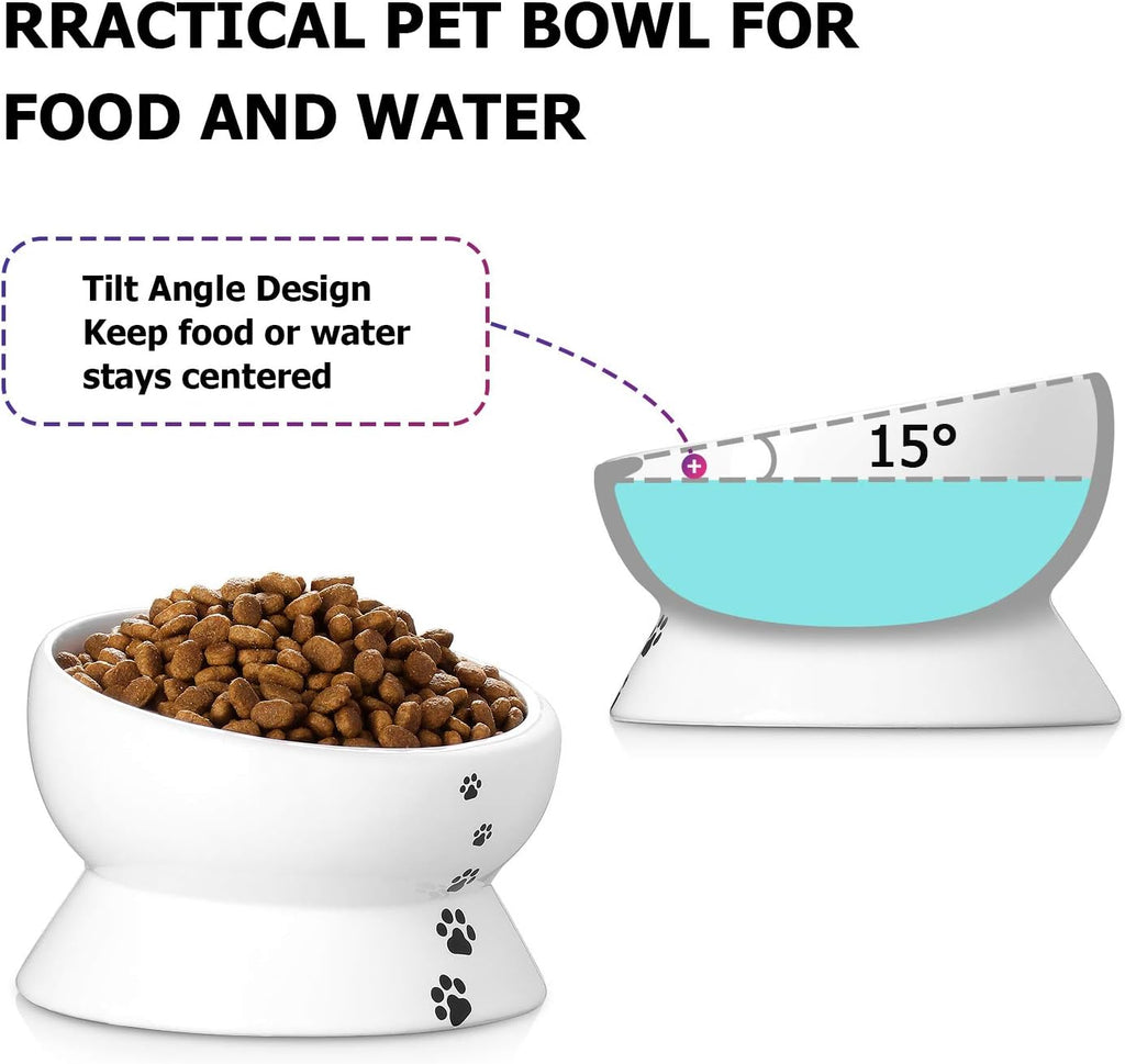 Elevated Ceramic Cat & Small Dog Bowls - No Spill, Tilted Design for Comfortable Eating, Dishwasher Safe, 15oz Capacity