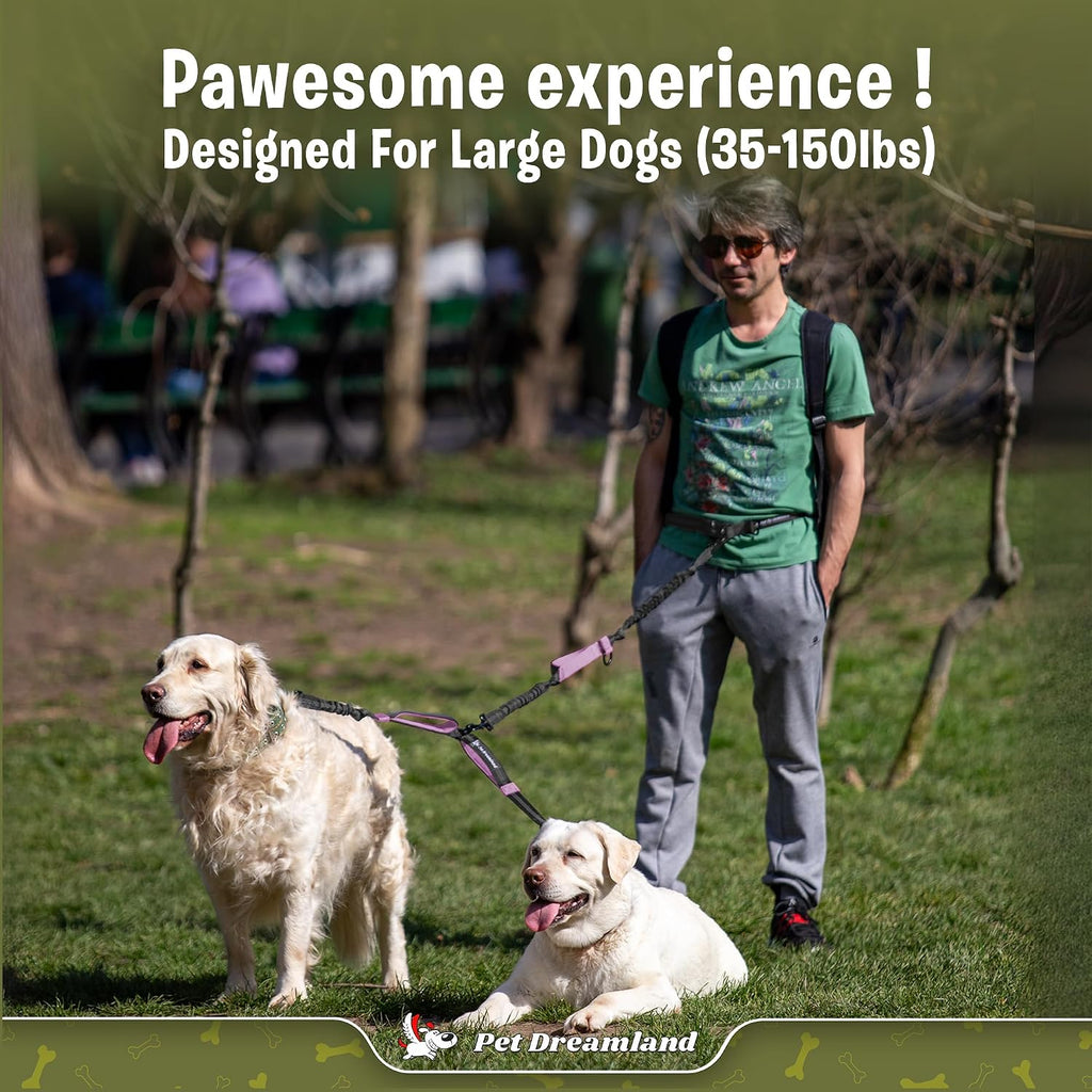 Ultimate Hands-Free Dual Dog Leash for Large Dogs - Tangle-Free Waist Leash in Stylish Dark Grey & Pink for Effortless Walks with Two Pups