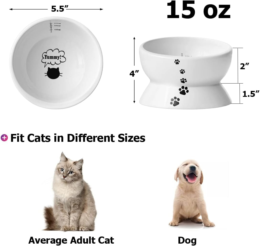 Elevated Ceramic Cat & Small Dog Bowls - No Spill, Tilted Design for Comfortable Eating, Dishwasher Safe, 15oz Capacity