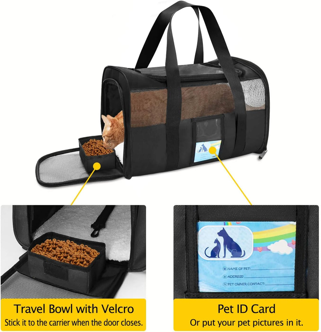Airline Approved Pet Carrier - Soft Sided Cat and Dog Carrier for Travel, Comfortable and Durable Design, Perfect for Medium Cats and Small Dogs up to 15 lbs - Stylish Black