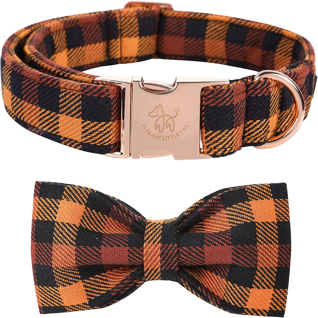 Charming Fall Dog Collar with Bowtie - Stylish Black and Orange Plaid for Small Breeds