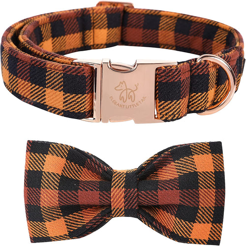 Charming Fall Dog Collar with Bowtie - Stylish Black and Orange Plaid for Small Breeds