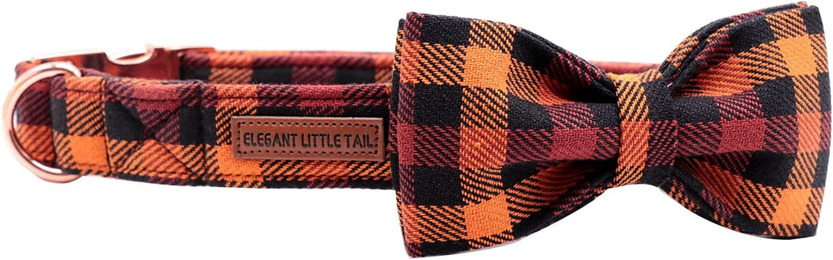 Charming Fall Dog Collar with Bowtie - Stylish Black and Orange Plaid for Small Breeds