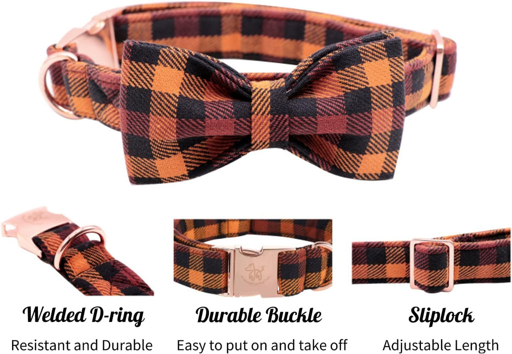 Charming Fall Dog Collar with Bowtie - Stylish Black and Orange Plaid for Small Breeds