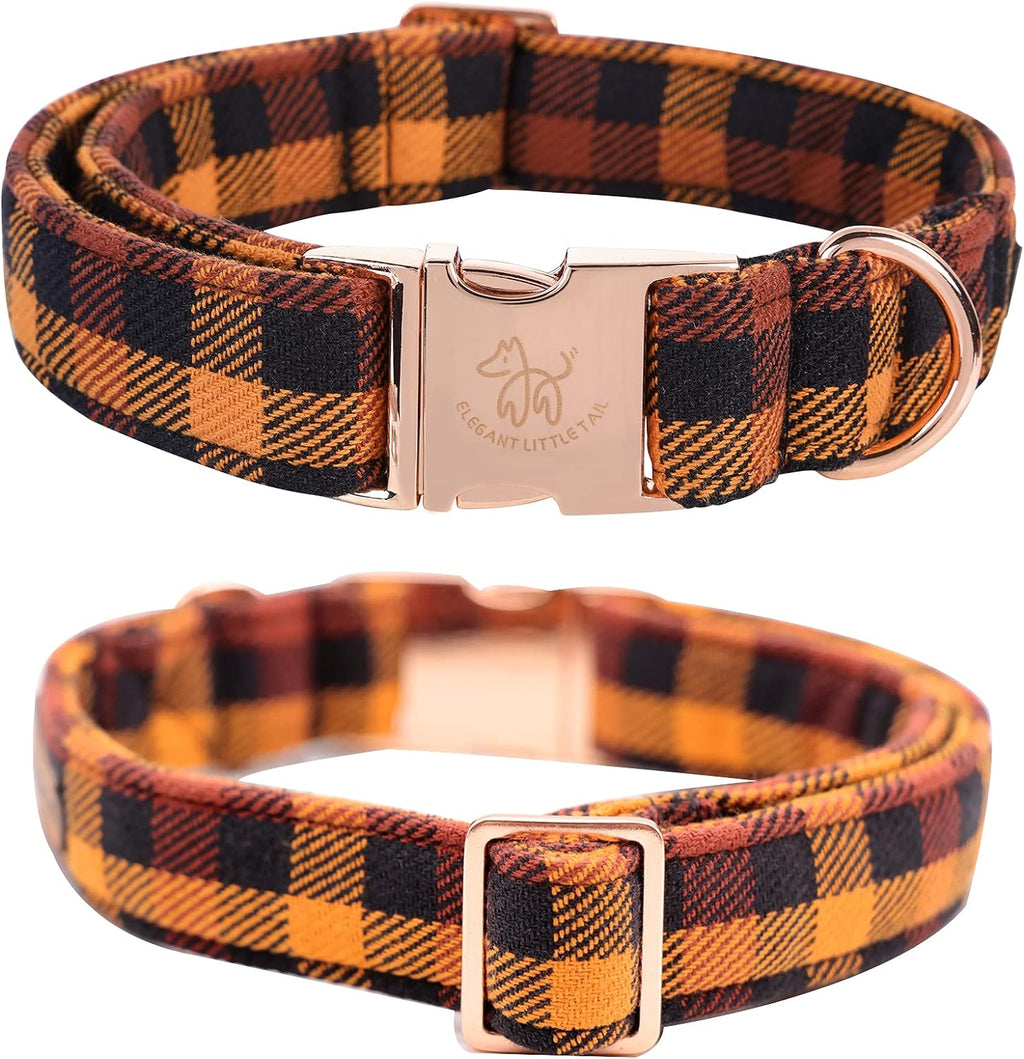 Charming Fall Dog Collar with Bowtie - Stylish Black and Orange Plaid for Small Breeds