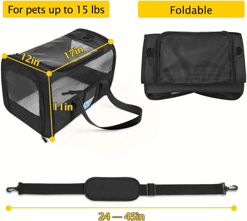 Airline Approved Pet Carrier - Soft Sided Cat and Dog Carrier for Travel, Comfortable and Durable Design, Perfect for Medium Cats and Small Dogs up to 15 lbs - Stylish Black